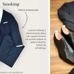 Czarne Oxfordy z lakierowanej skóry to idealne buty do czarnego garnituru (smokingu). Elegancki wybór na specjalne okazje.