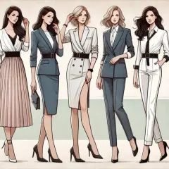 Eleganckie kobiety prezentują różne propozycje dress code'u do pracy: garnitury, spódnice i płaszcze.