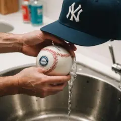 Ręce płuczą piłkę baseballową pod bieżącą wodą, przygotowując się do tego, jak prać czapkę z daszkiem.