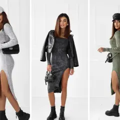 Trzy kobiety prezentują modny styl ubioru: dopasowane sukienki z wycięciami, skórzane kurtki i botki.