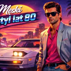 Męski styl lat 80. w neonowym mieście. Mężczyzna w różowej koszuli i marynarce obok sportowego auta.