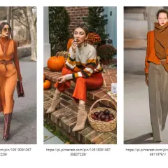 Jesienne stylizacje w odcieniach brązu i pomarańczu: elegancka sukienka, sweter w pasy i płaszcz z szalikiem.