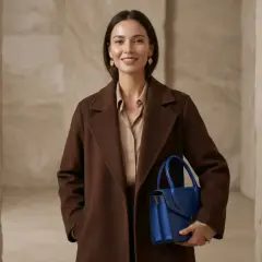Elegancka kobieta w brązowym płaszczu i beżowej bluzce trzyma niebieską torebkę. Idealny przykład, jaki kolor pasuje do brązu.