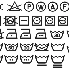 Symbole pielęgnacji odzieży: zakaz suszenia, wybielania, prasowania. Pranie w wodzie z **elastanem** w różnych temperaturach.