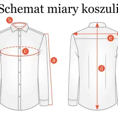 Schemat miary koszuli męskiej: obwód kołnierzyka (b), obwód klatki piersiowej (c), długość rękawa (a), długość całkowita (d), szerokość ramion (e).