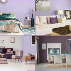 Sypialnia, salon i jadalnia w różnych odcieniach fioletu. Wnętrza pełne stylu i elegancji.