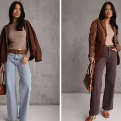 Kobieta w stylizacji z brązowym kolorem: luźne jeansy i brązowa kurtka lub elegancki brązowy żakiet z brązowymi spodniami.
