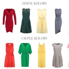 Kolekcja sukienek w zimne kolory: błękit, zieleń, szarość i pudrowy róż. Obok modele w ciepłych barwach: turkus, czerwień, zieleń, żółć i koral.