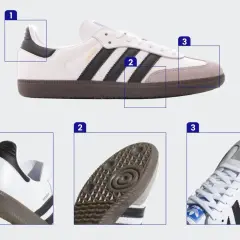Szczegóły butów Adidas Samba: zapiętek, podeszwa i przód. Sprawdź te elementy, jak sprawdzić czy buty są oryginalne.