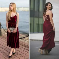 Dwie kobiety w bordowych sukienkach. Jedna w welurowej midi z czarnymi szpilkami, druga w długiej z gorsetowym tyłem i beżowymi sandałkami. Jakie buty do bordowej sukienki? Oto inspiracje.
