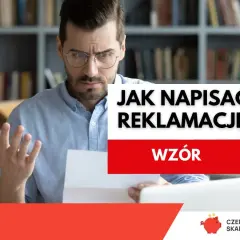 Zmarszczony mężczyzna z dokumentem w ręku, zastanawia się, jak napisać reklamację butów. Dostępny wzór pomoże.