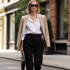Elegancka kobieta w stylu Carolyn Bessette, w beżowej marynarce, białej koszuli i czarnych spodniach, spaceruje ulicą.