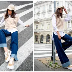 Elegancka stylizacja: jak nosić kamizelkę damską. Modelka w beżowej kamizelce, białej koszuli i jeansach na tle miasta.