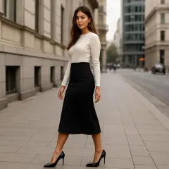 Elegancka kobieta w czarnej spódnicy midi i białym swetrze, zastanawia się, jakie buty do spódnicy midi będą najlepsze. Czółenka na obcasie dodają jej szyku.