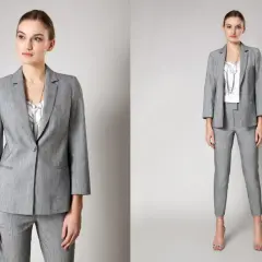 Elegancki damski garnitur w kolorze szarym, idealny do stylizacji business formal.