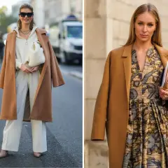 Dwie kobiety w eleganckich płaszczach w camelowy kolor. Jedna w białym komplecie, druga w wzorzystej sukience.