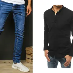 Idealne połączenie: jakie spodnie do czarnej koszuli? Dopasowane, lekko przetarte jeansy i białe sneakersy tworzą stylowy, casualowy look.