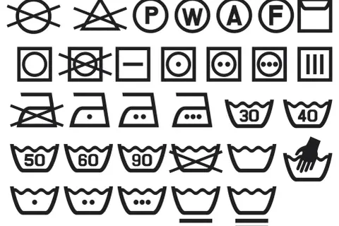 Symbole pielęgnacji odzieży: zakaz suszenia, wybielania, prasowania. Pranie w wodzie z **elastanem** w różnych temperaturach.