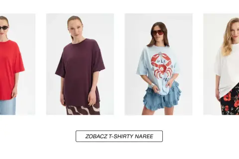 Kobiety w luźnych T-shirtach: czerwonym, bordowym, błękitnym z krabem i białym z makami. Unisex co to znaczy? To styl dla każdego!