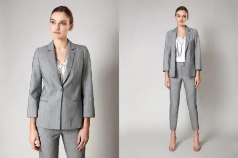 Elegancki damski garnitur w kolorze szarym, idealny do stylizacji business formal.