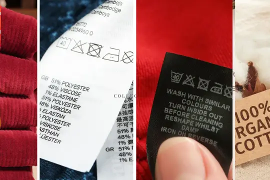 Stosy odzieży z etykietami rozmiarów, metki z składem materiału (poliester, wiskoza, elastan) i symbolami prania, a także zbliżenie na bawełnę z napisem "100% organic cotton".