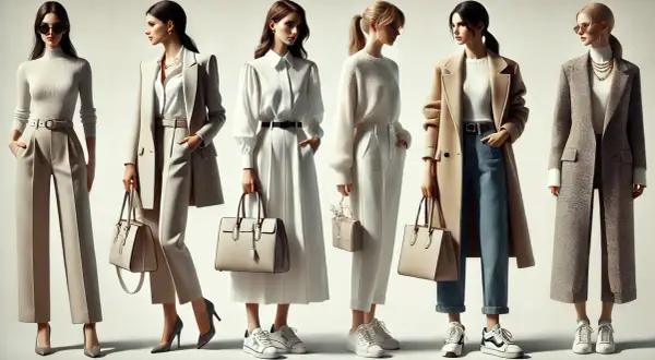 Sześć kobiet prezentuje stylizacje smart casual: od eleganckich garniturów po płaszcze i spodnie.