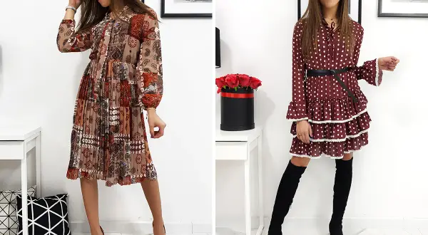Dwie kobiety w sukienkach. Jedna w sukience w stylu vintage z wzorem paisley i plisowanym dołem, druga w grochy z falbankami.