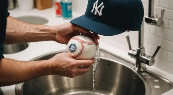 Ręce płuczą piłkę baseballową pod bieżącą wodą, przygotowując się do tego, jak prać czapkę z daszkiem.