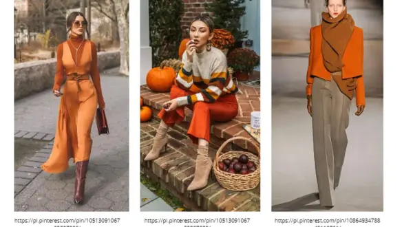 Jesienne stylizacje w odcieniach brązu i pomarańczu: elegancka sukienka, sweter w pasy i płaszcz z szalikiem.