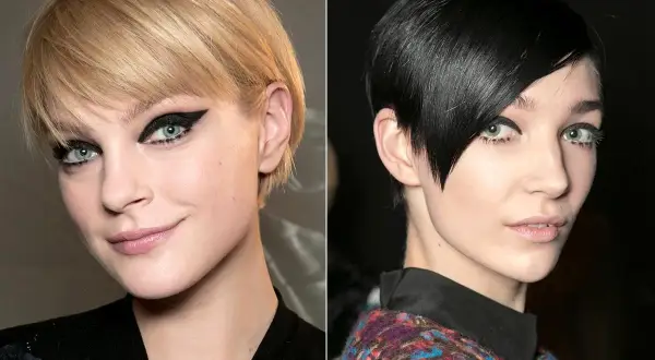 Dwie modelki prezentują odważne fryzury pixie bob. Jedna z blond włosami i wyrazistym makijażem oczu, druga z czarnymi włosami i asymetryczną grzywką.