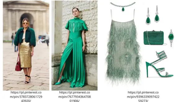 Kobieta w złotej spódnicy i futrzanej kurtce, elegancka zielona suknia, sukienka z piórami, biżuteria i buty w odcieniu kolor szmaragdowy.