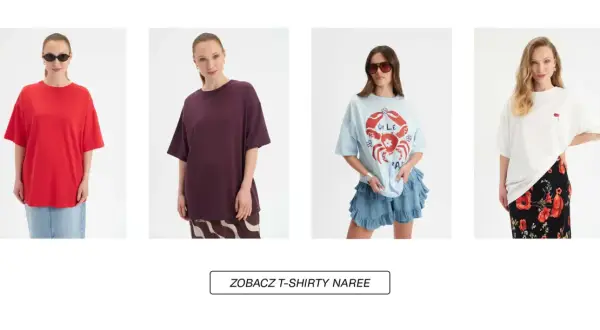 Kobiety w luźnych T-shirtach: czerwonym, bordowym, błękitnym z krabem i białym z makami. Unisex co to znaczy? To styl dla każdego!