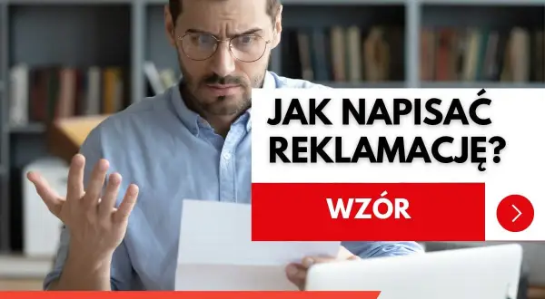 Zmarszczony mężczyzna z dokumentem w ręku, zastanawia się, jak napisać reklamację butów. Dostępny wzór pomoże.