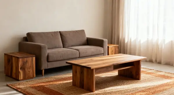 Sofa w kolorze taupe, czyli brązowo-szarym, obok drewnianych stolików i dywanu.