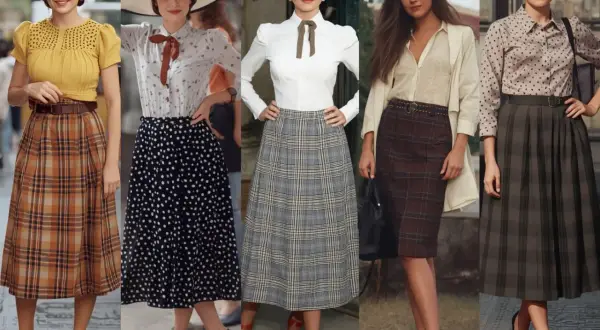 Pięć kobiet w stylizacjach inspirowanych estetyką tradwife: spódnice w kratę i groszki, eleganckie bluzki i kapelusze.