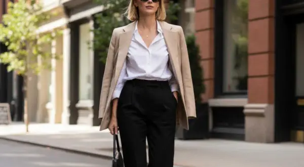 Elegancka kobieta w stylu Carolyn Bessette, w beżowej marynarce, białej koszuli i czarnych spodniach, spaceruje ulicą.