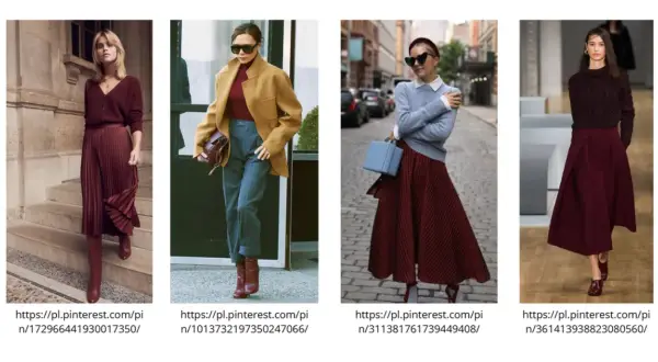 Eleganckie stylizacje z sukienkami i spódnicami w odcieniu **kolor burgundowy**.