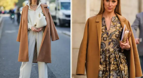 Dwie kobiety w eleganckich płaszczach w camelowy kolor. Jedna w białym komplecie, druga w wzorzystej sukience.