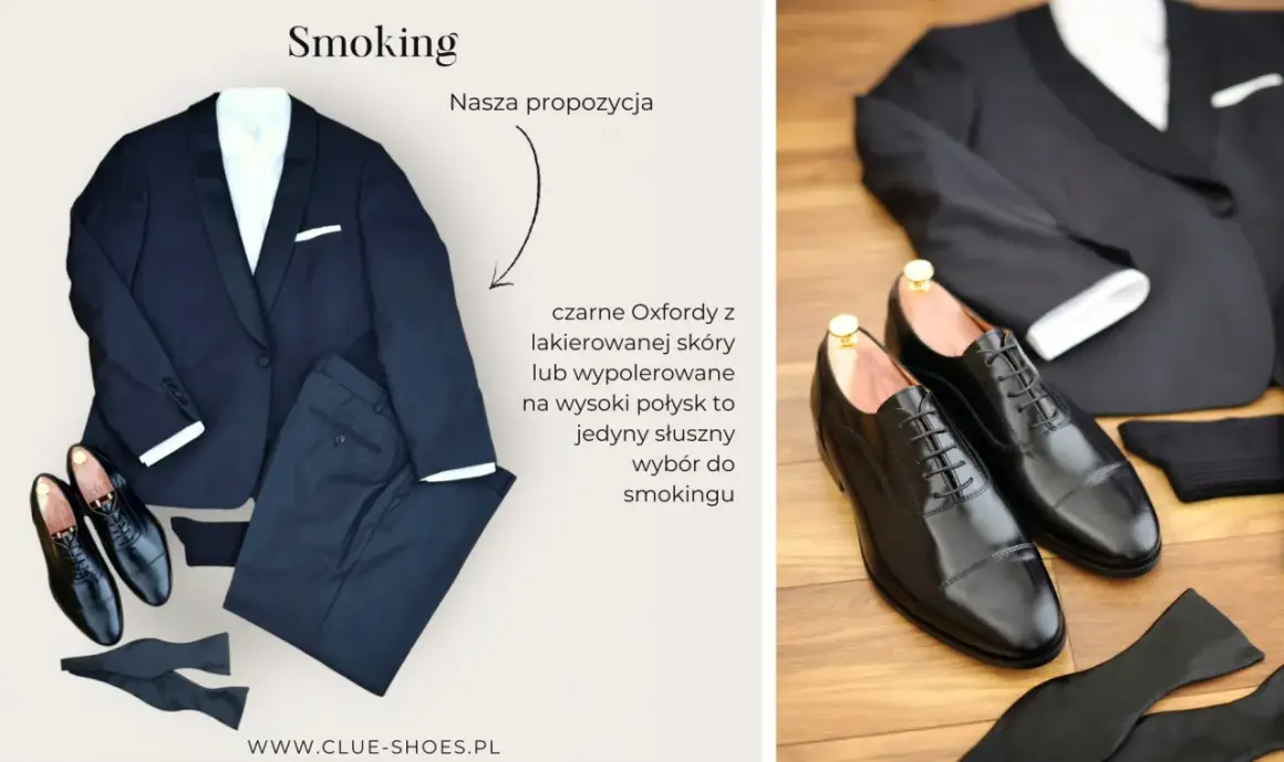 Czarne Oxfordy z lakierowanej skóry to idealne buty do czarnego garnituru (smokingu). Elegancki wybór na specjalne okazje.