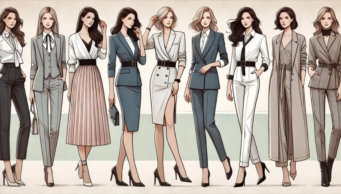 Eleganckie kobiety prezentują różne propozycje dress code'u do pracy: garnitury, spódnice i płaszcze.