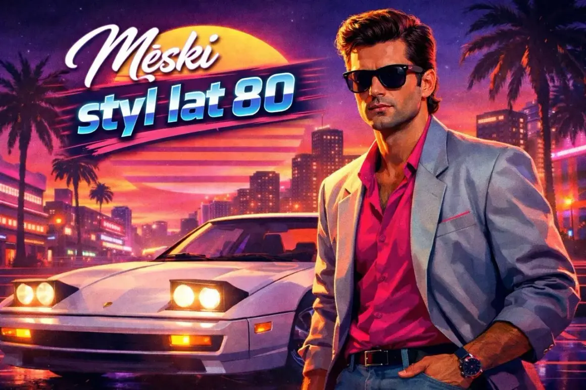 Męski styl lat 80. w neonowym mieście. Mężczyzna w różowej koszuli i marynarce obok sportowego auta.