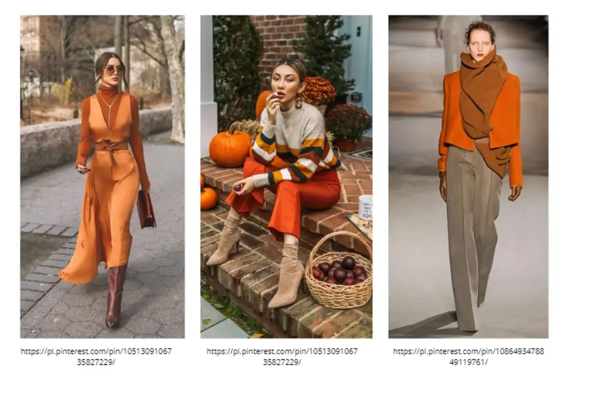 Jesienne stylizacje w odcieniach brązu i pomarańczu: elegancka sukienka, sweter w pasy i płaszcz z szalikiem.