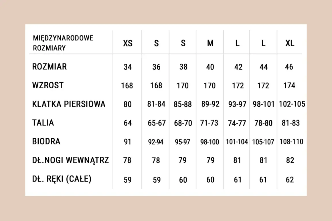 Tabela rozmiarów od XS do XL: rozmiar, wzrost, klatka, talia, biodra, długość nogi i ręki. Sprawdź, jaki to rozmiar buta dla Ciebie.