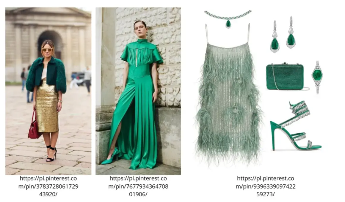 Kobieta w złotej spódnicy i futrzanej kurtce, elegancka zielona suknia, sukienka z piórami, biżuteria i buty w odcieniu kolor szmaragdowy.
