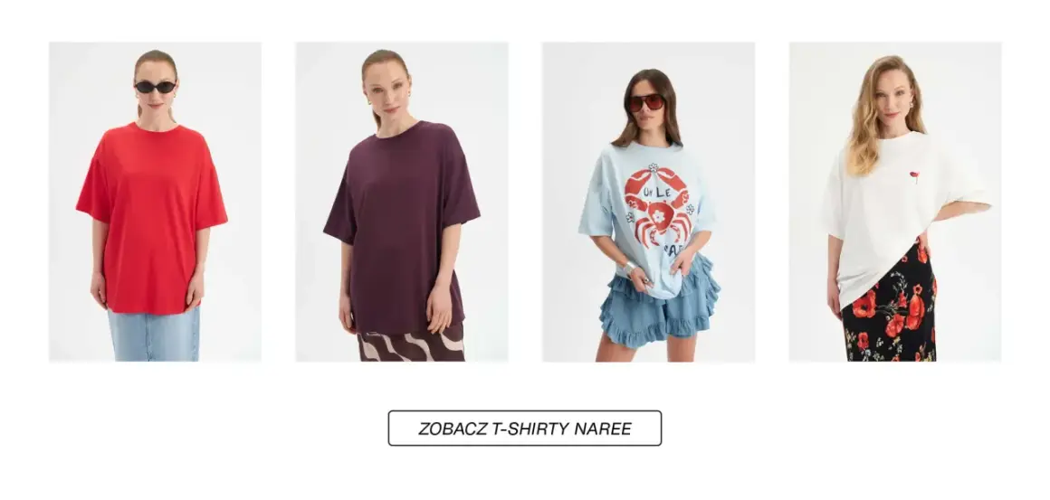 Kobiety w luźnych T-shirtach: czerwonym, bordowym, błękitnym z krabem i białym z makami. Unisex co to znaczy? To styl dla każdego!