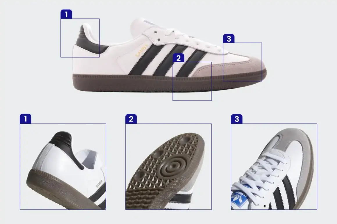 Szczegóły butów Adidas Samba: zapiętek, podeszwa i przód. Sprawdź te elementy, jak sprawdzić czy buty są oryginalne.