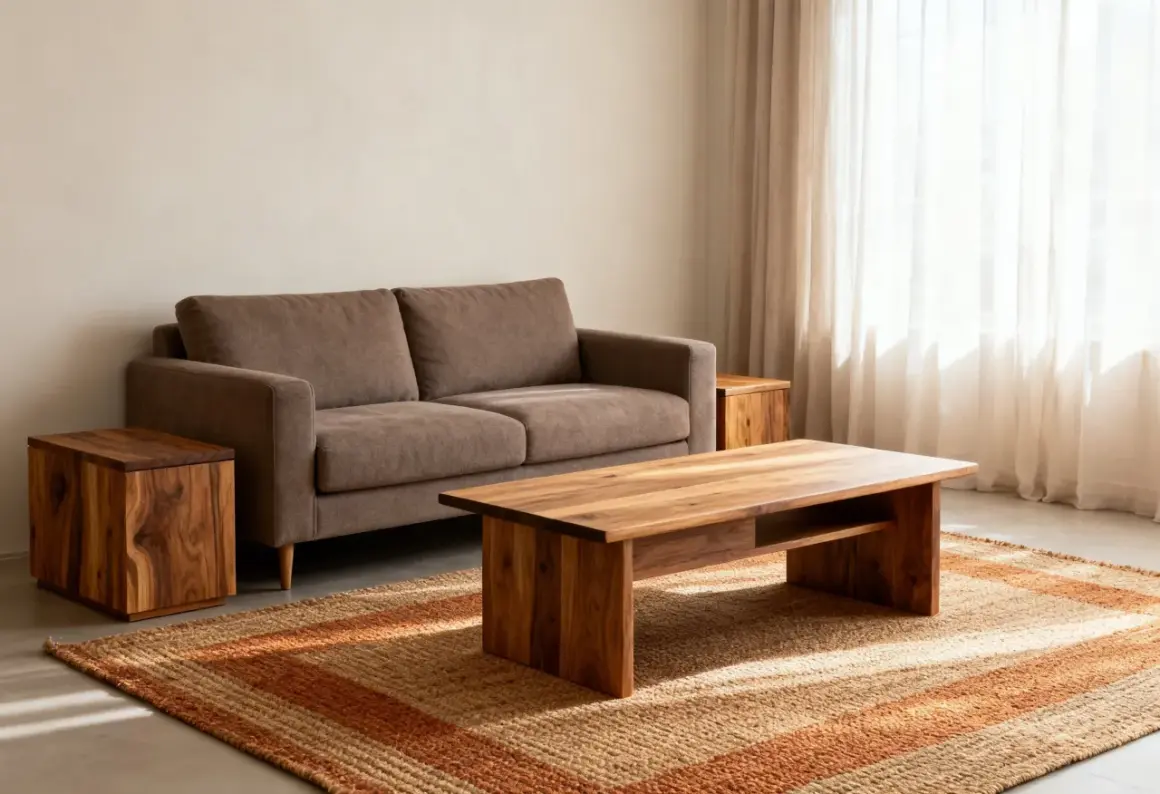 Sofa w kolorze taupe, czyli brązowo-szarym, obok drewnianych stolików i dywanu.