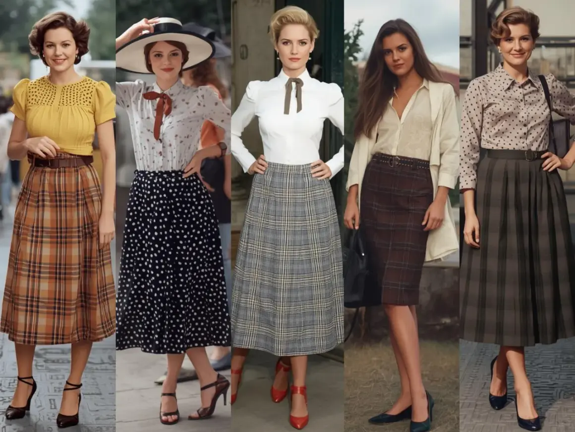 Pięć kobiet w stylizacjach inspirowanych estetyką tradwife: spódnice w kratę i groszki, eleganckie bluzki i kapelusze.