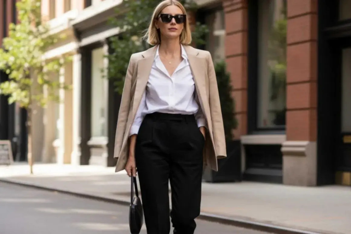 Elegancka kobieta w stylu Carolyn Bessette, w beżowej marynarce, białej koszuli i czarnych spodniach, spaceruje ulicą.