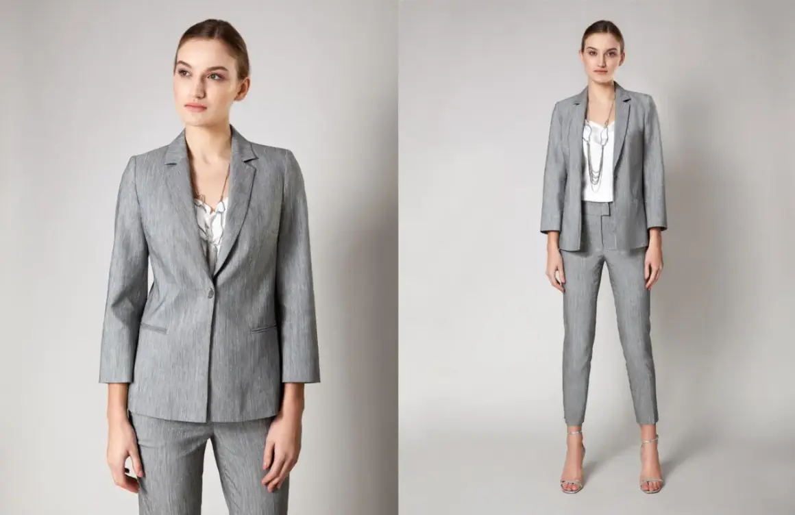 Elegancki damski garnitur w kolorze szarym, idealny do stylizacji business formal.